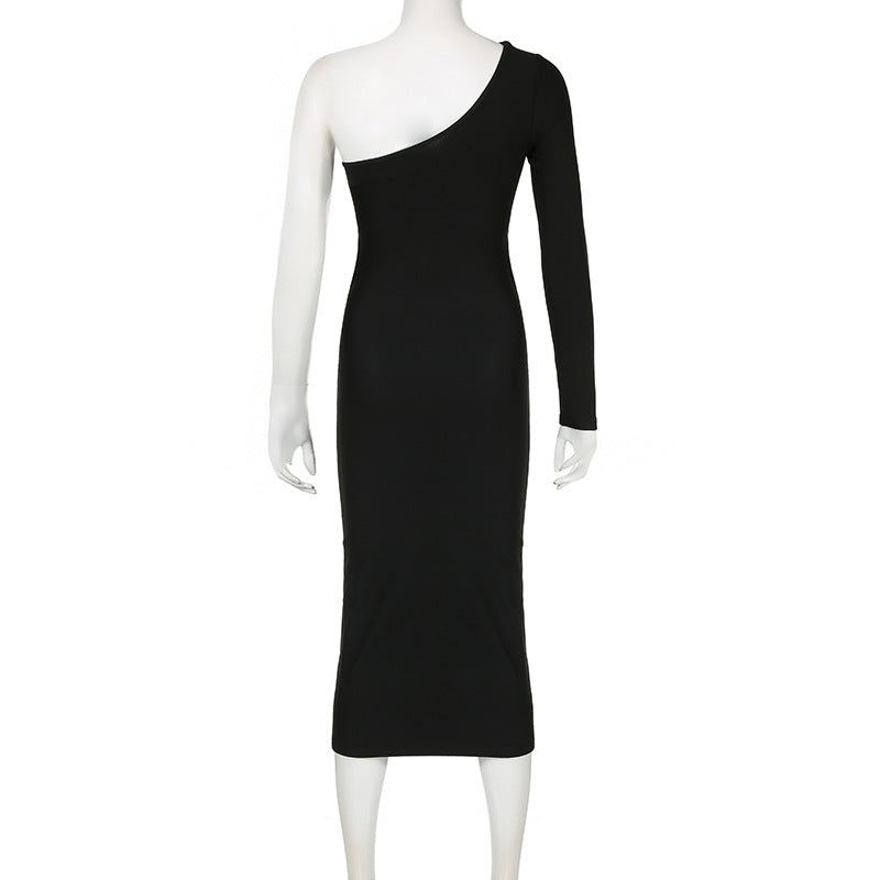 Women Sexy Hollow Tube Slash Shoulder One-shoulder Sleeve Bodycon Dress 7