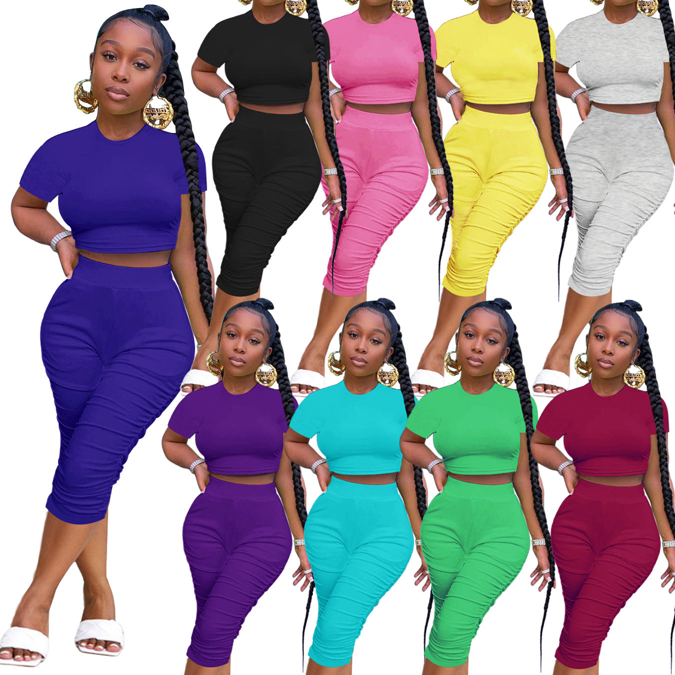 Summer Women's Solid Color Tight Fitting Cropped Short Sleeve T-Shirt Women's Pleated Two Piece Set 26