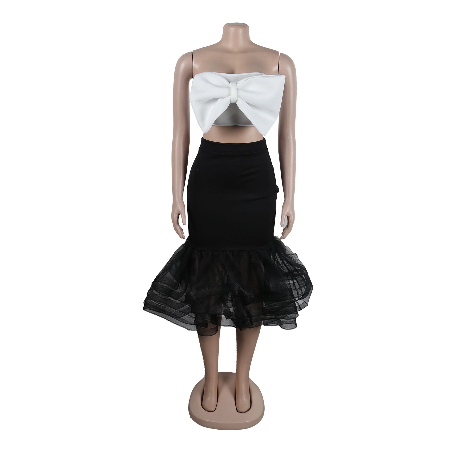 Sexy Slim Contrast Color Strapless Bow Mesh Top Mermaid Party Skirt two piece set 12