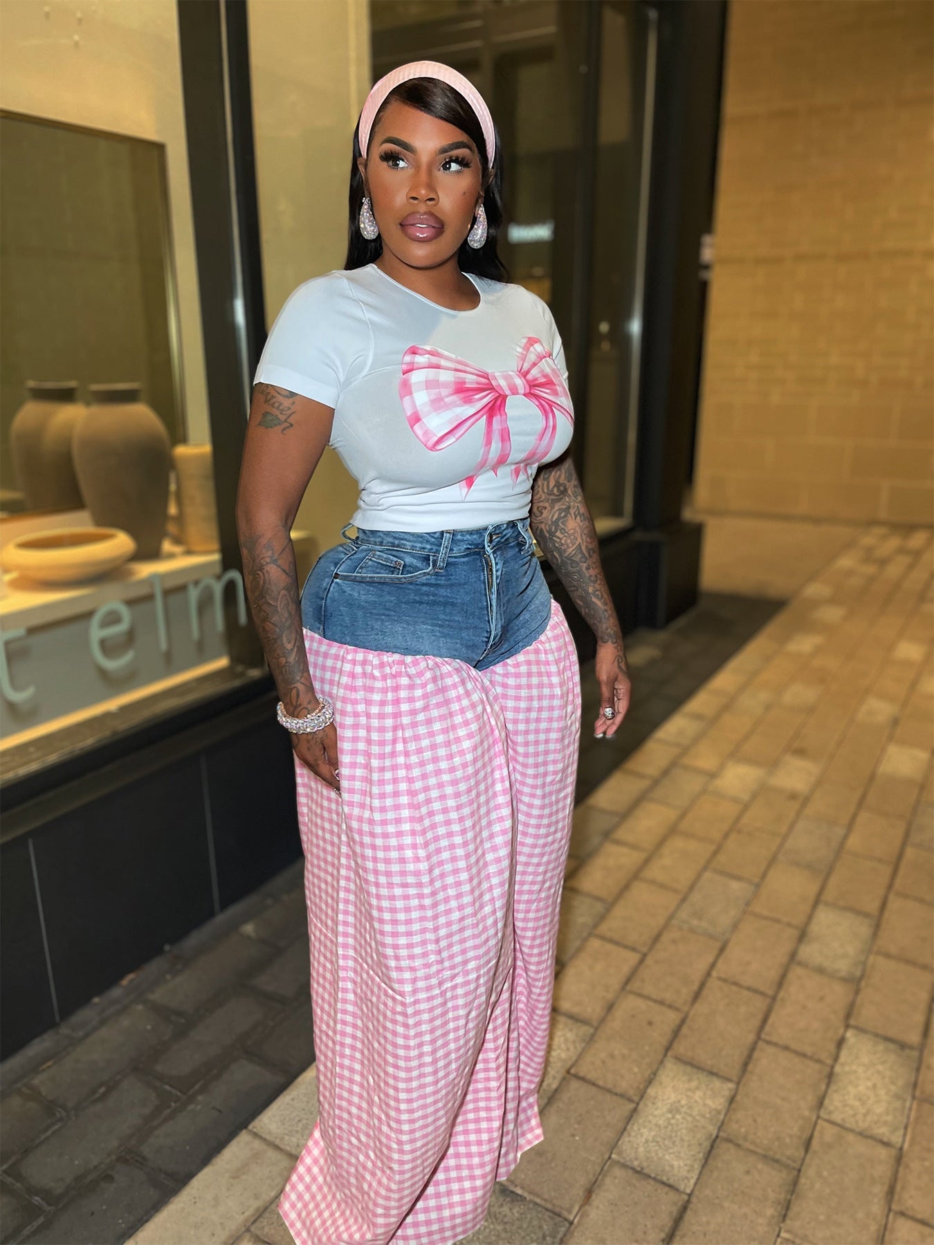 Women Patchwork Plaid Print T-shirt Casual Wide Leg Pants Two-piece Set 3