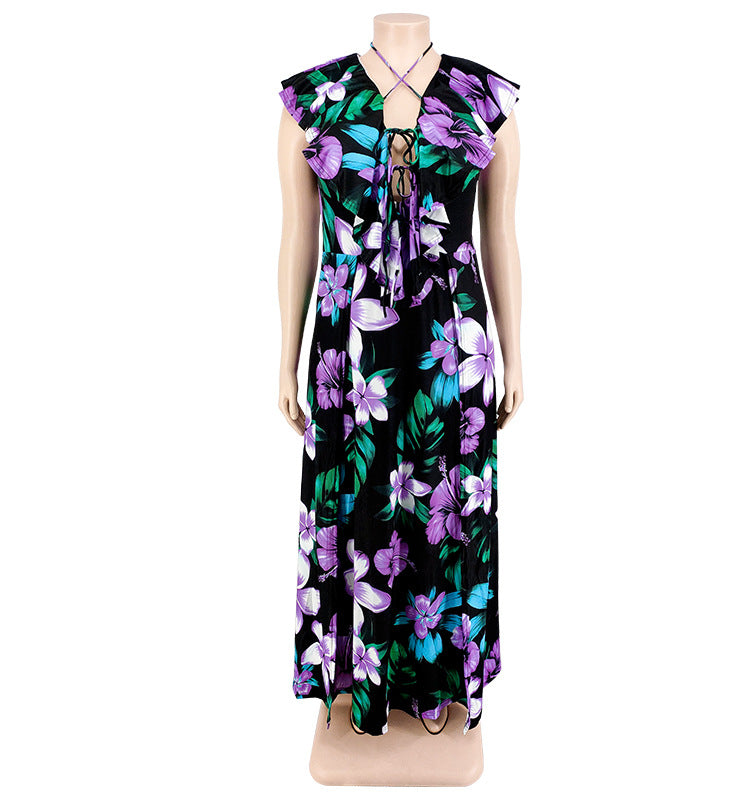 Plus Size Women's Summer Ruffled Collar Floral Print Maxi Dress 15