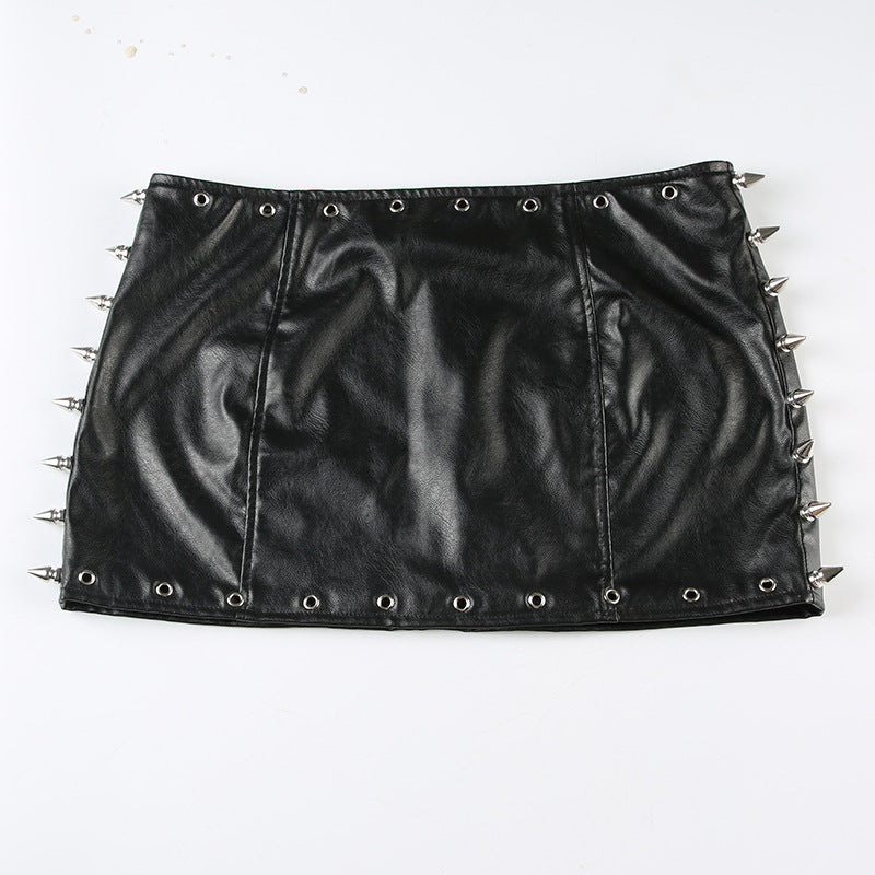 Women's clothing rivet punk sexy  pu Leather mini skirt 7
