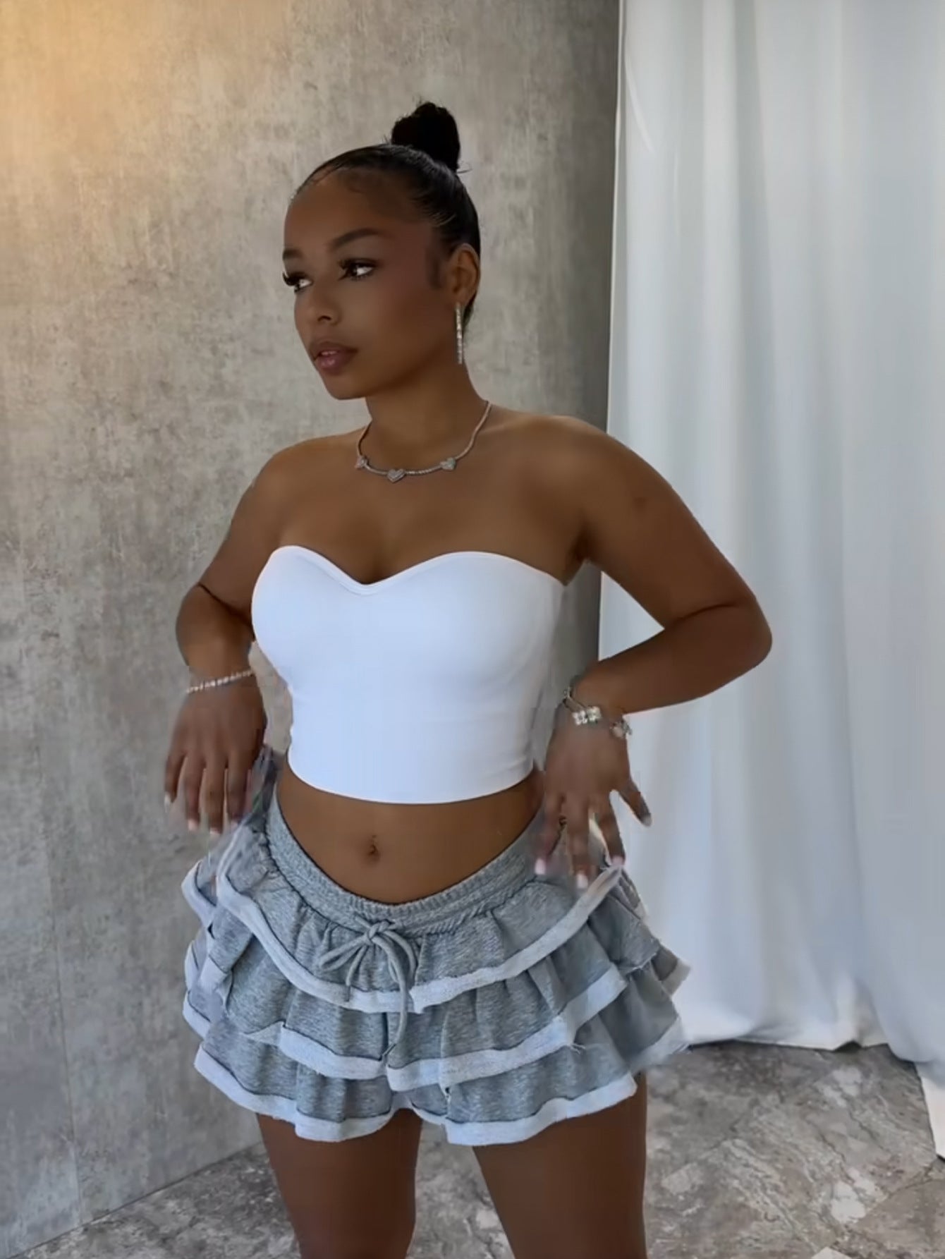 Women summer elastic lace solid cascading ruffles Skirt 6