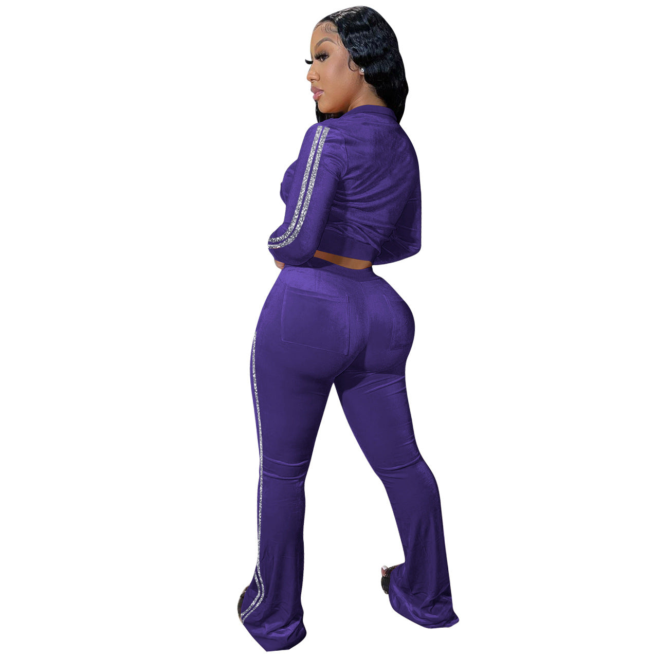 Women's Solid Velvet Casual Zip Top Wide Leg Pants Two Piece Tracksuit 49