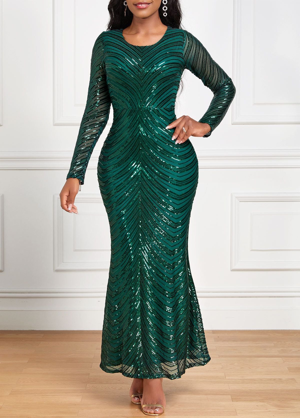 Women Sequin Elegant Formal Party Long Sleeve Evening Dress