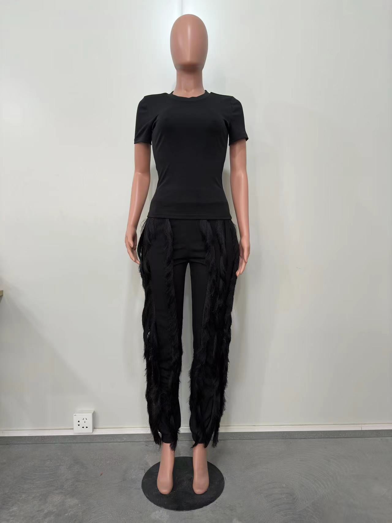 Ladies Suit Tassel Lace Fashion Multicolor Spring Summer Solid Color Sports Top + Pants Set 21