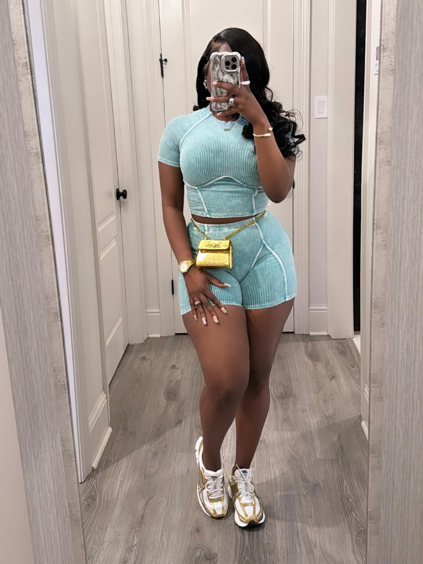 Women Fashion Ribbed Washed faded two-piece shorts set 4