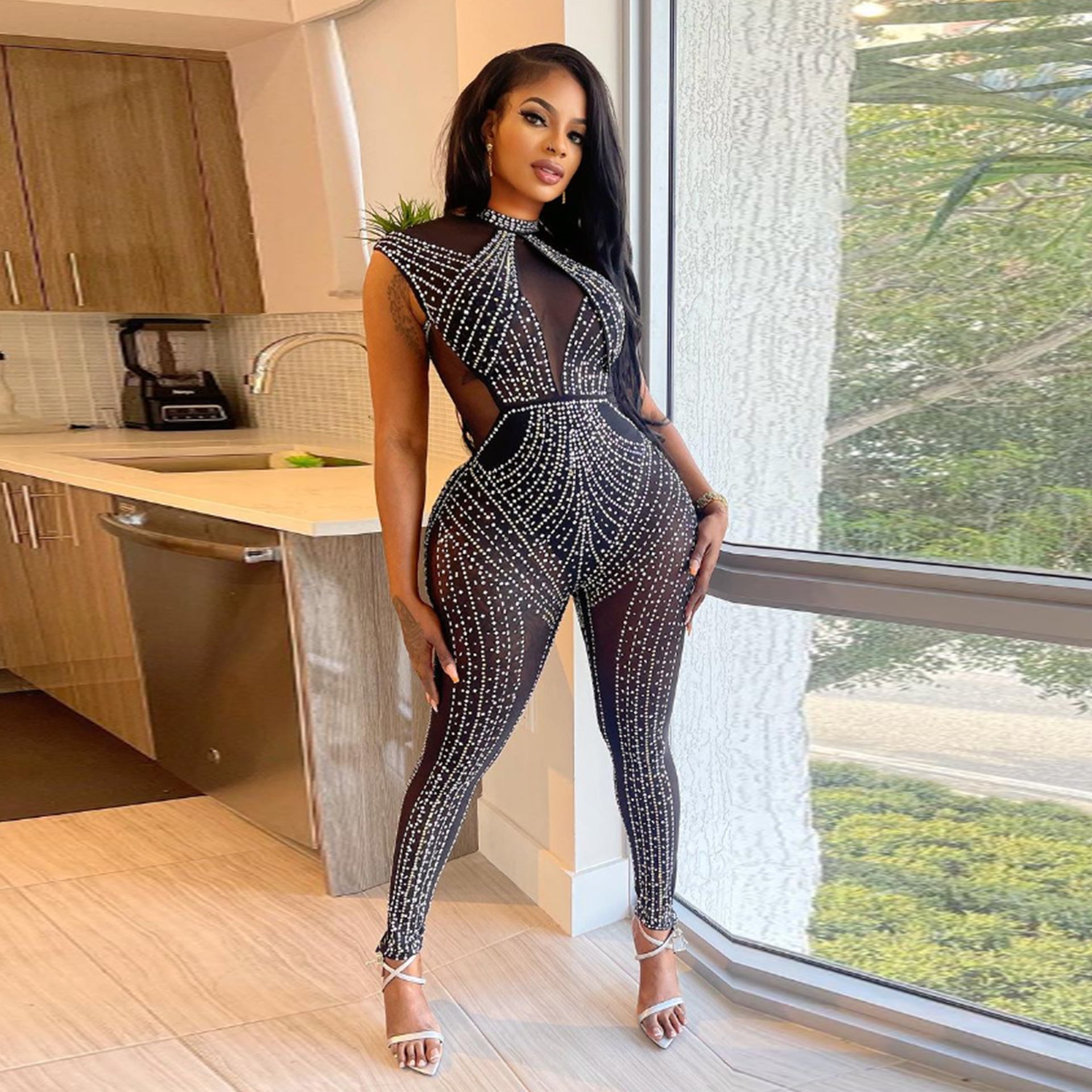 Women Sexy Beaded See-Through Bodycon Stretch Sleeveless Jumpsuit 4