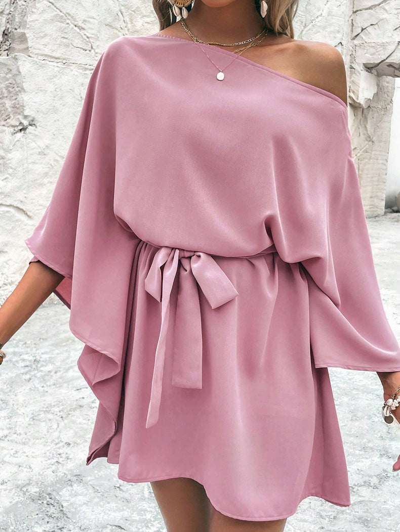 Women Satin Off-shoulder Asymmetrical Dress 20