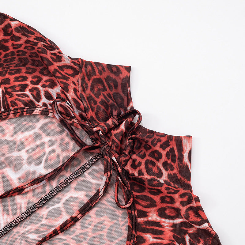 Women Leopard Print Mesh Half High Neck Large Backless Long Sleeve Jumpsuit 20