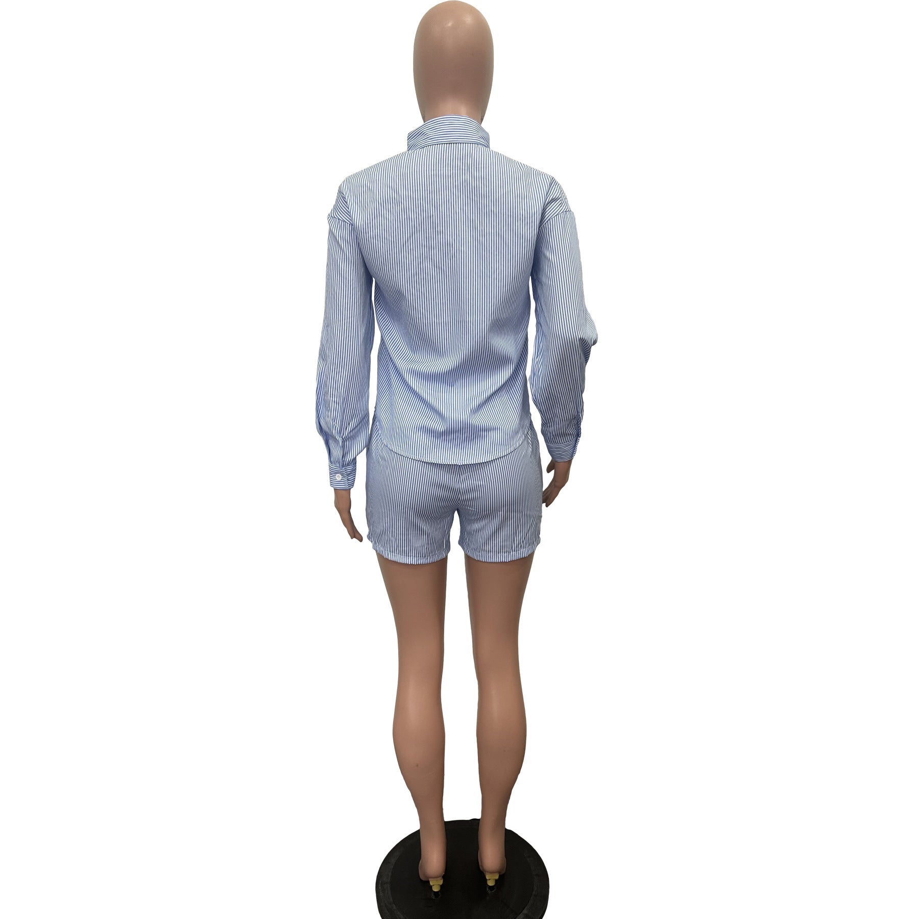 Women's Spring Summer Fashion Casual Striped Button Turndown Collar Shirt Shorts Two-Piece Set 13