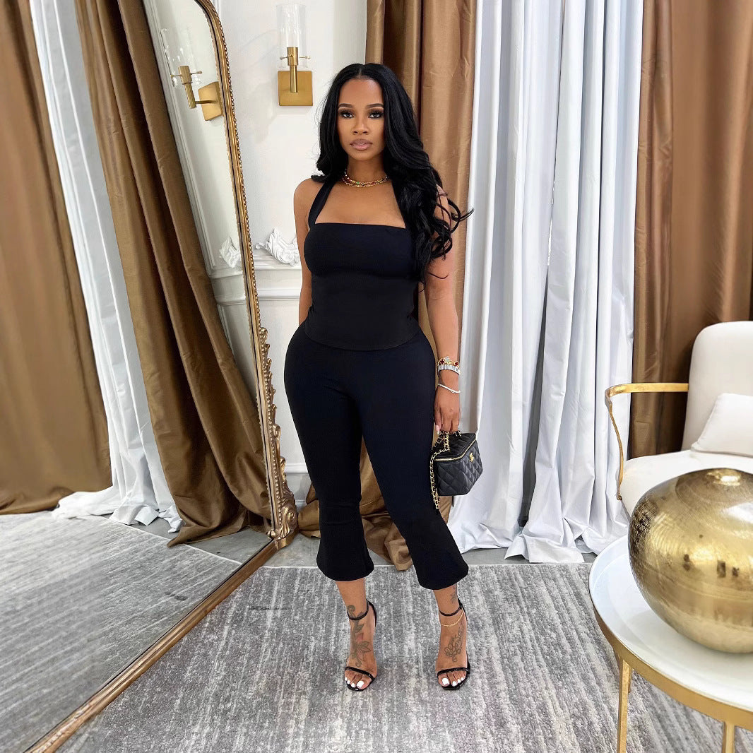 Women Summer Strapless Halter Neck Top and Solid Pants Two Piece Set 5