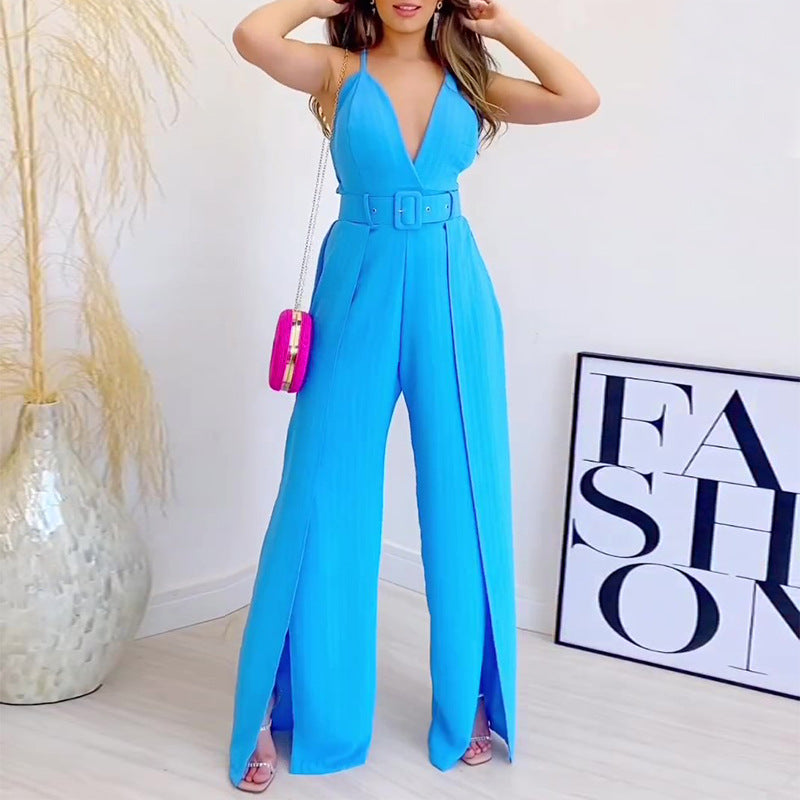 Women summer suspenders V-neck high waist slit wide-leg Jumpsuit 4