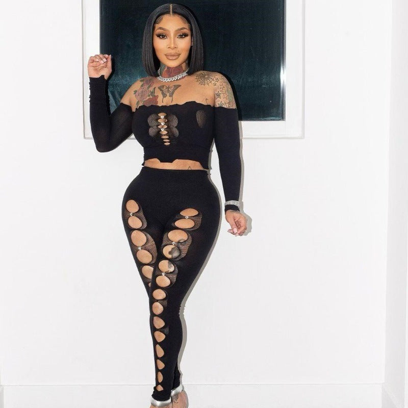Summer Plus Size Women Hollow Sexy Solid Off Shoulder Crop Top and Pant Two Piece Set 3