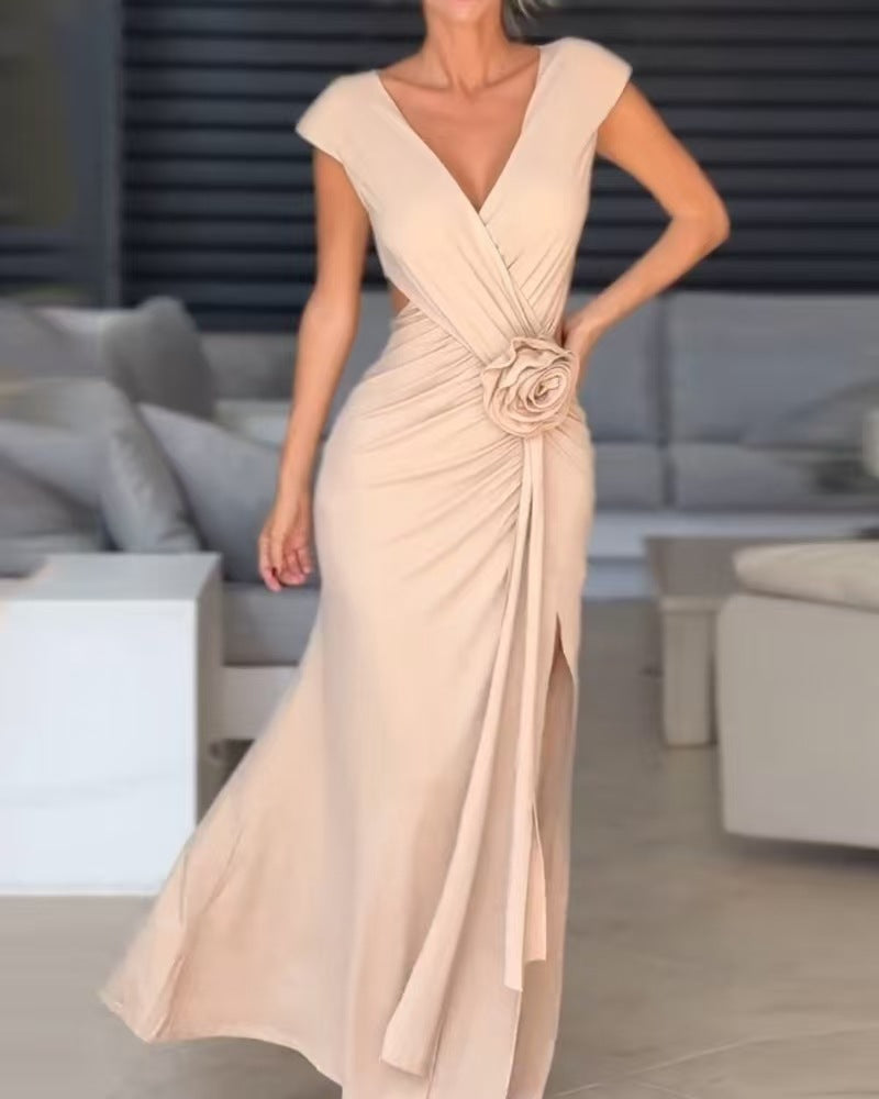 Women's Chic Elegant V-neck Sleeveless Slit Hollow Slim Waist Slim Evening Dress 6