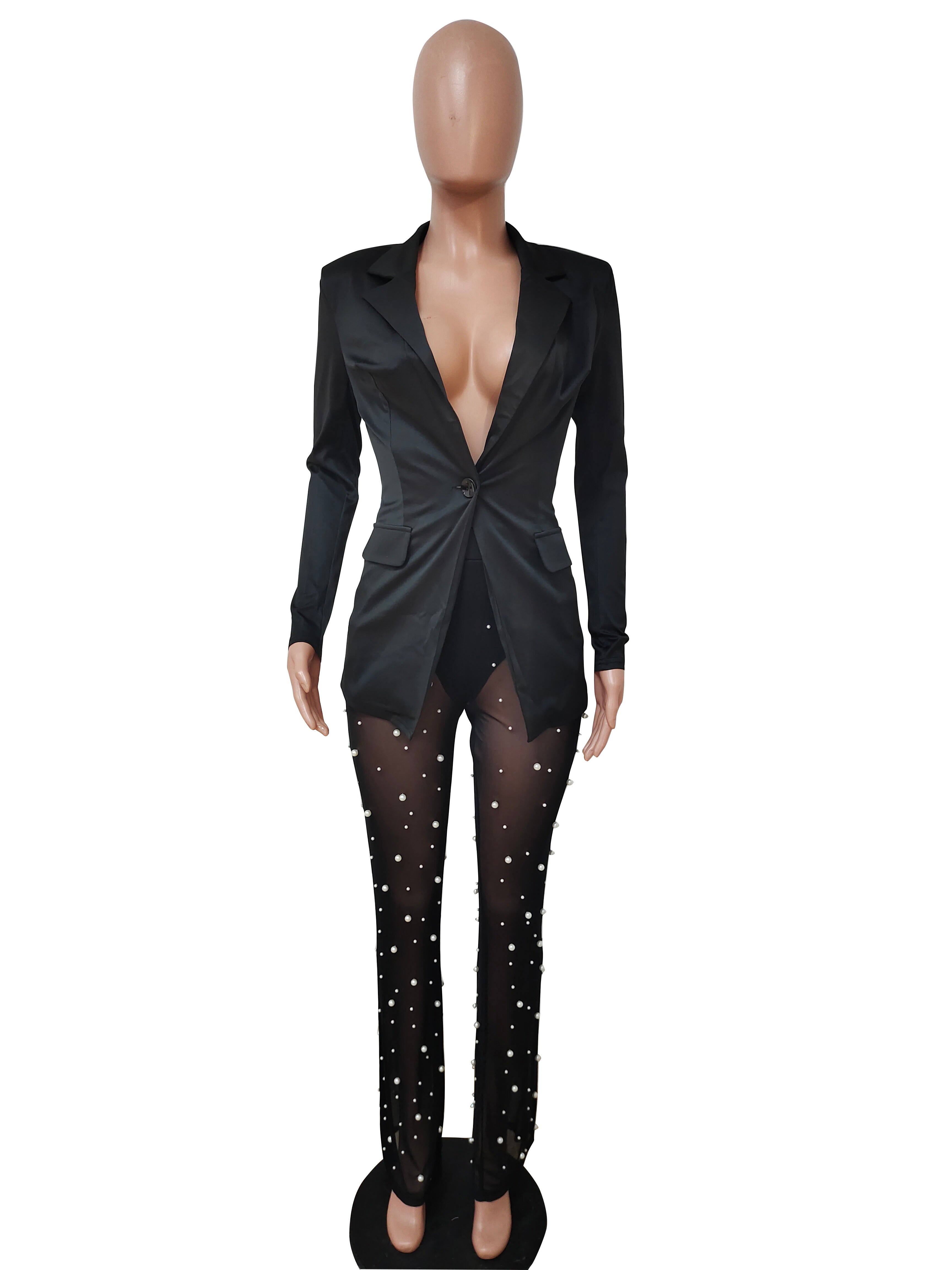 Autumn And Winter Women'S Long Sleeve Blazer Beads Mesh Straight Pants Two Piece Suits 12