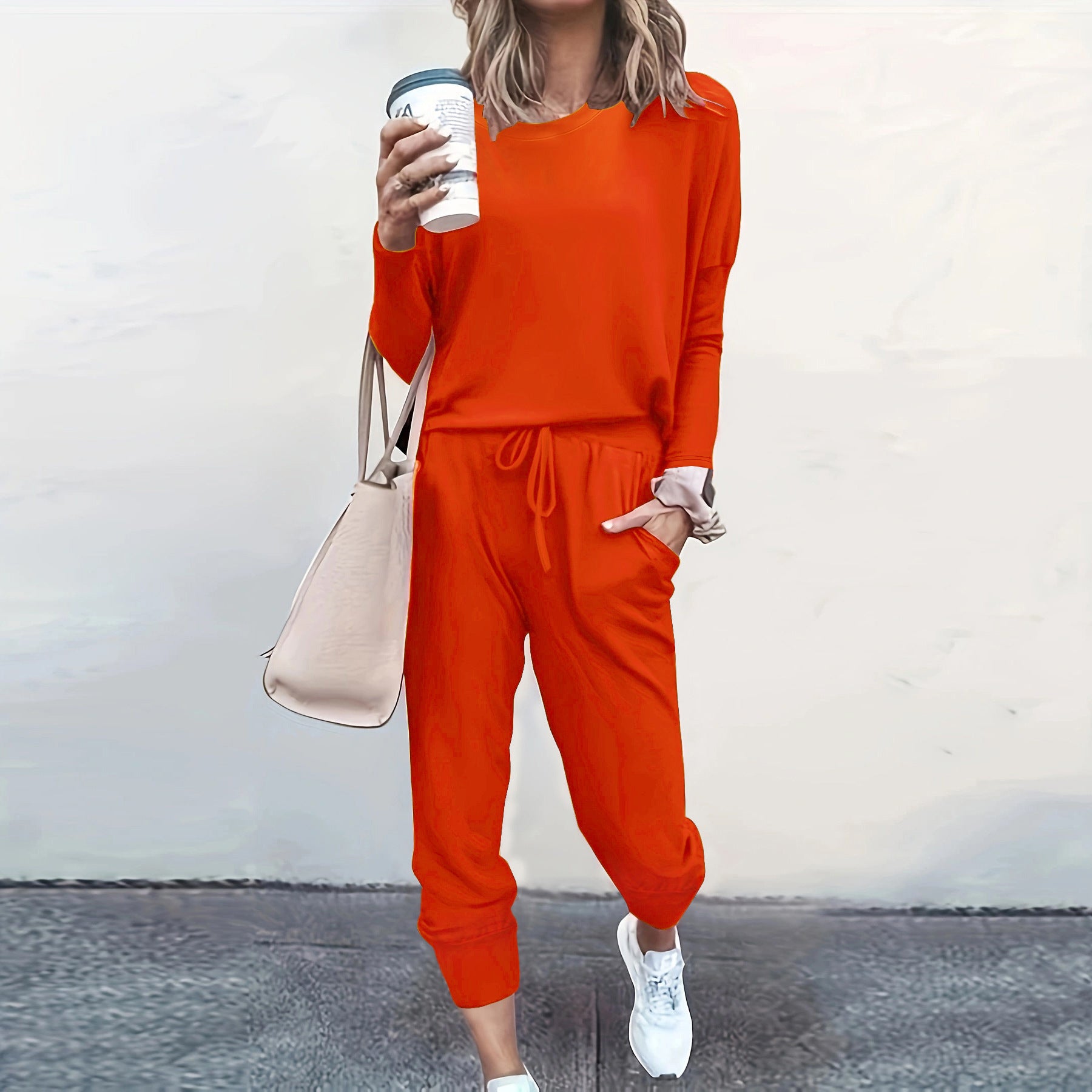Autumn and Winter Women's Clothing Round Neck Loose Solid Color Long Casual Two-piece Pants Set 14