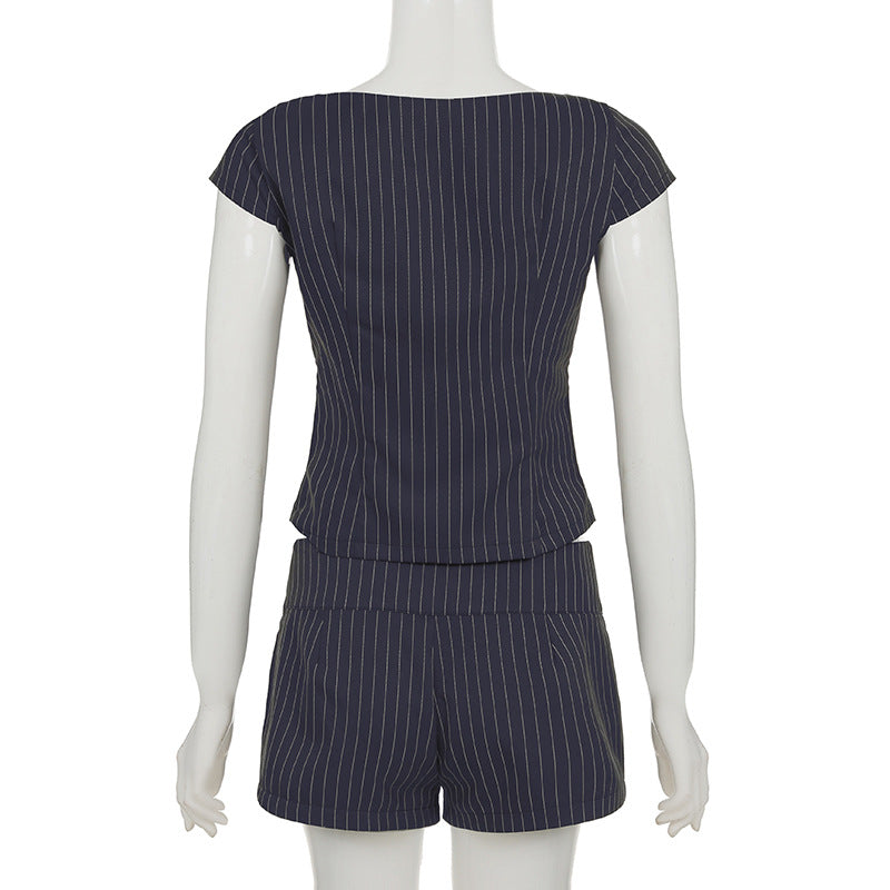 Casual Fashion Striped Low Back Top Shorts Casual Two-piece Set 10