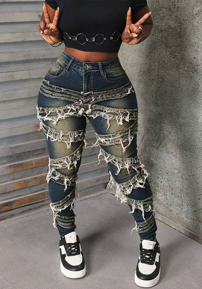 Women's Street Fashion Patch Denim Skinny Pants