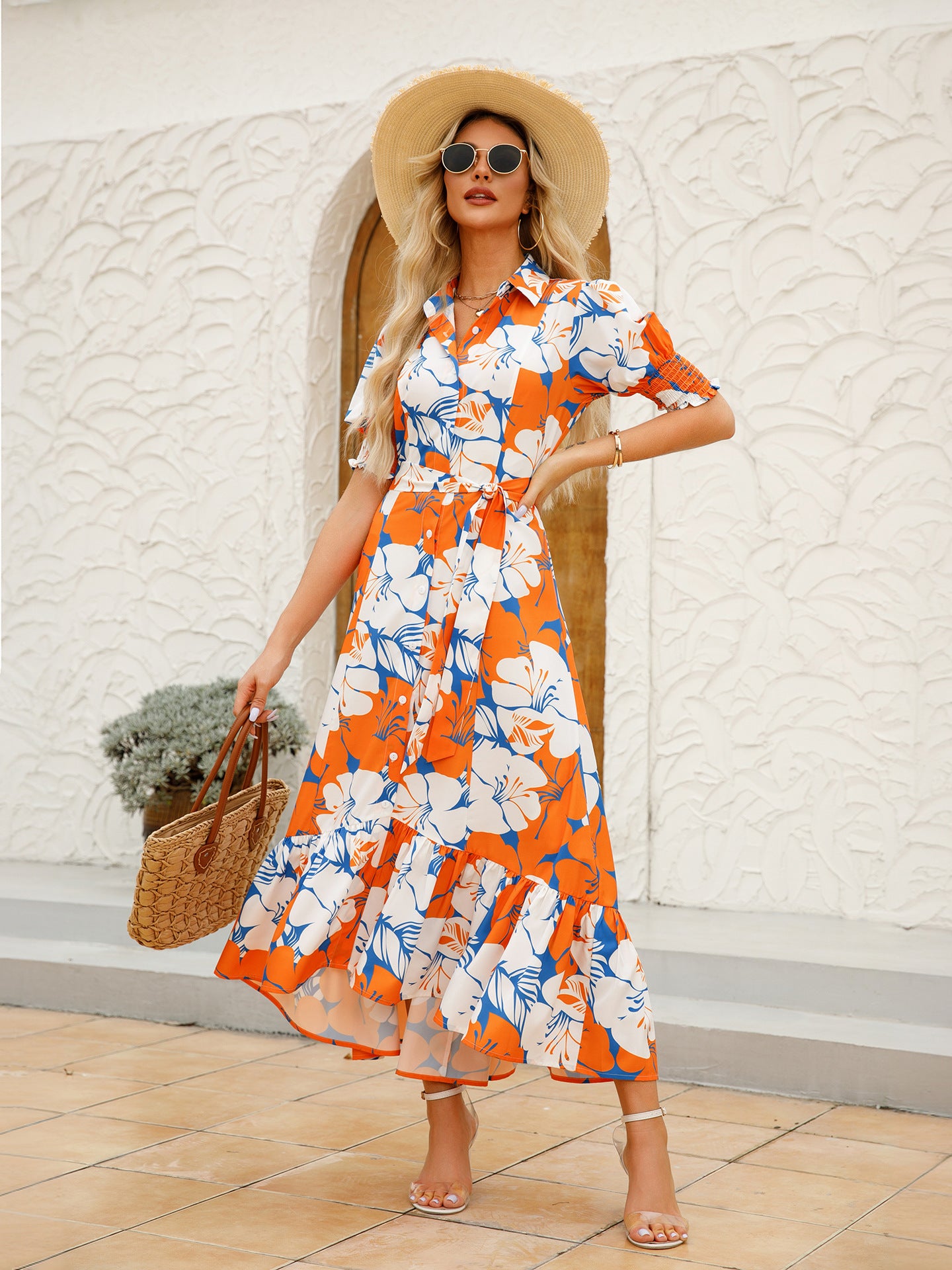 Women's Summer Print Turndown Collar Belt Slim Waist Long Dress 5