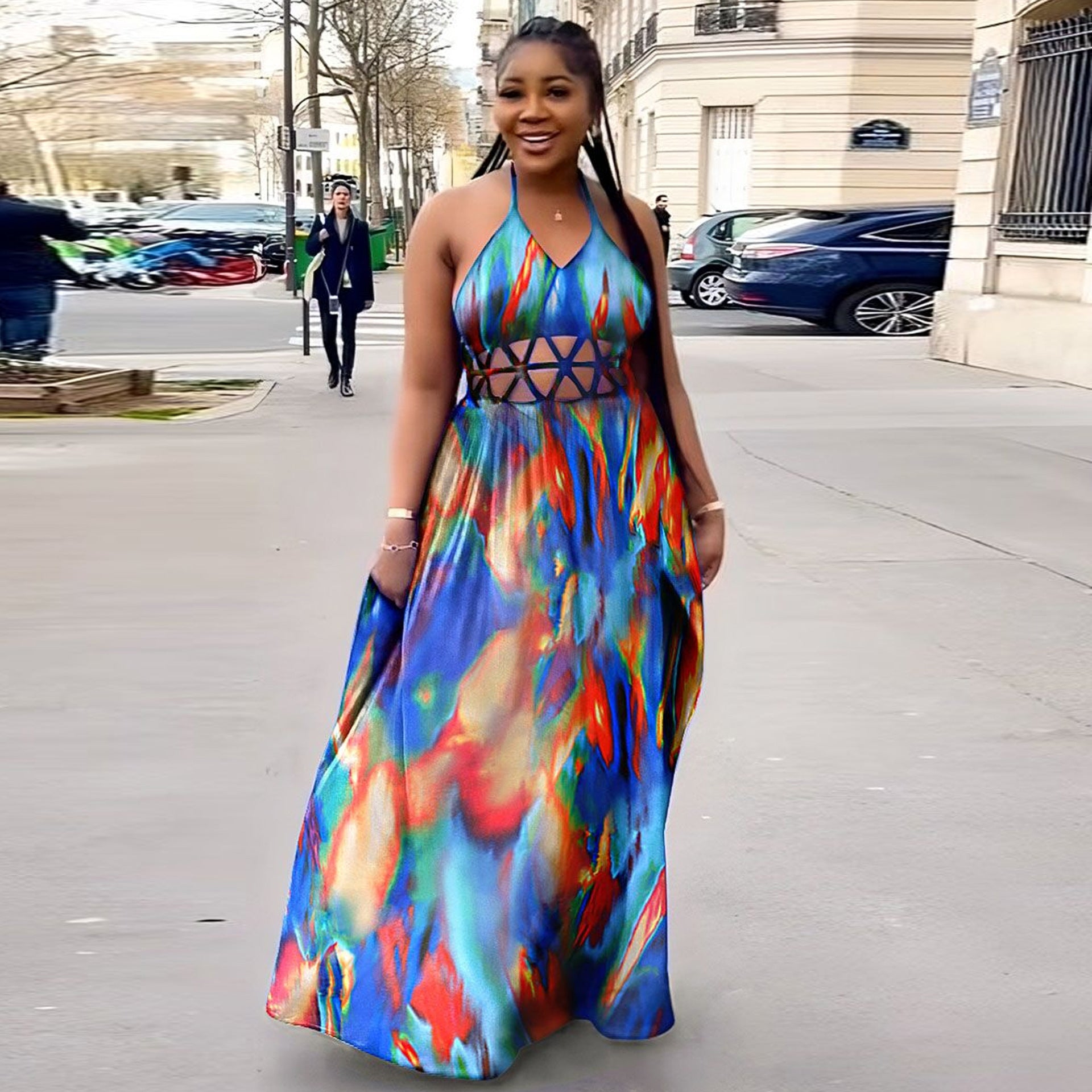 Women Print Cutout Halter Neck Lace-Up Slit Dress