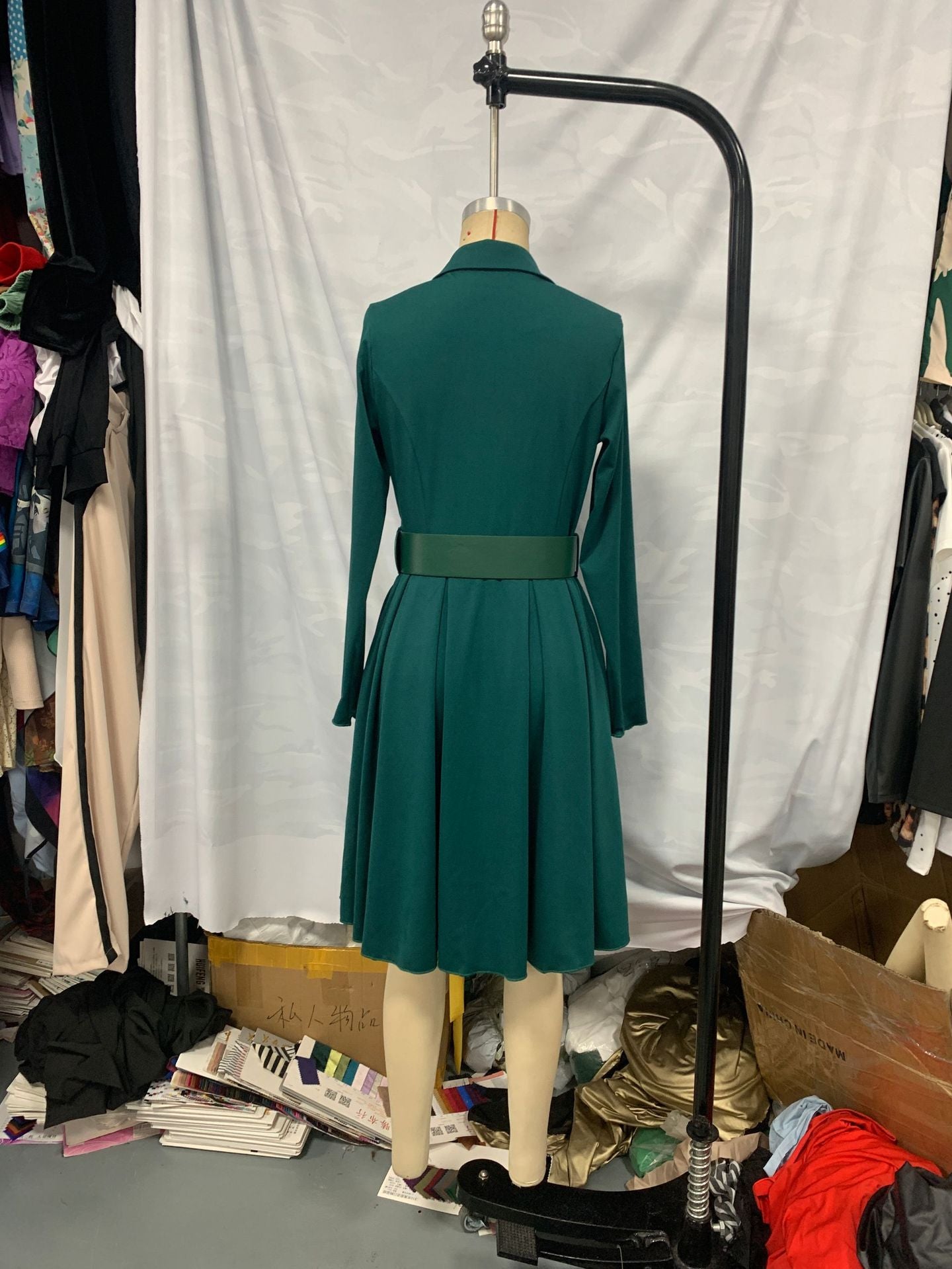 Plus Size  V Neck Turndown Collar A-Line Belt Shirt Dress 5