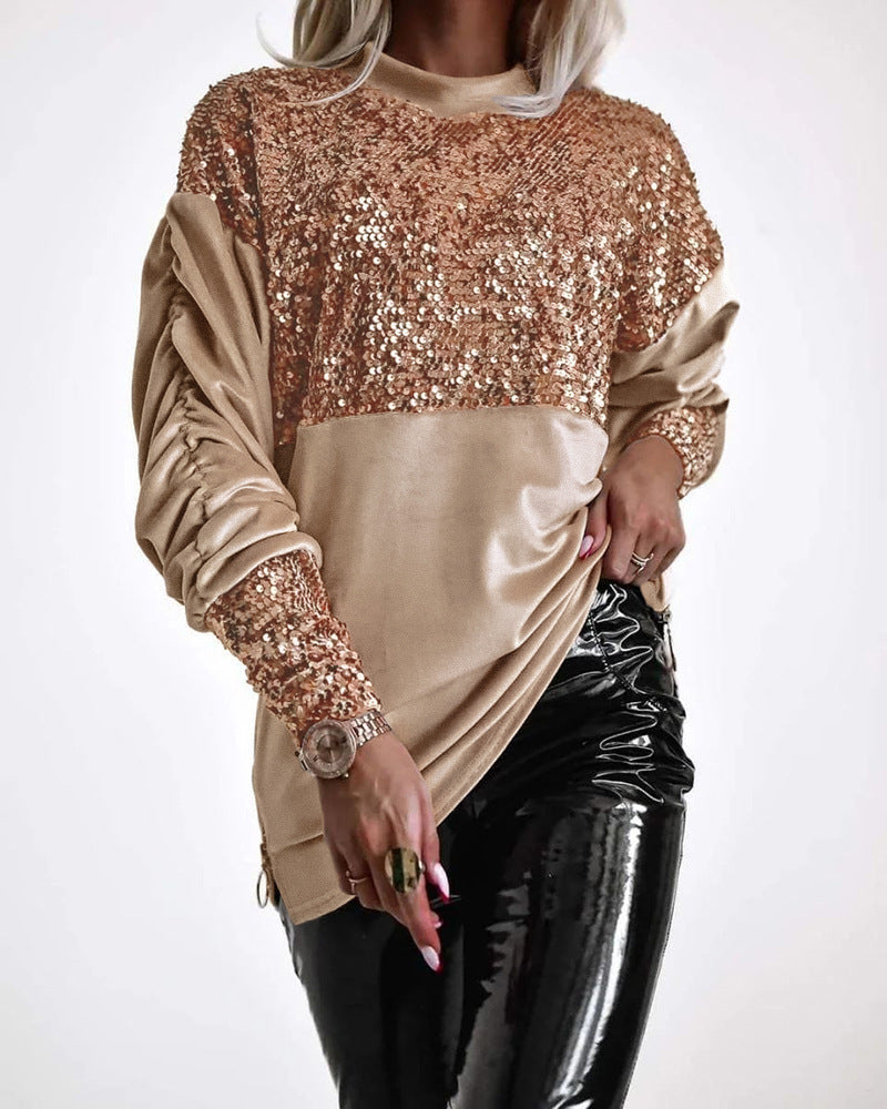 Women's brown velvet sequin Patchwork Casual side zipper slit pullover top