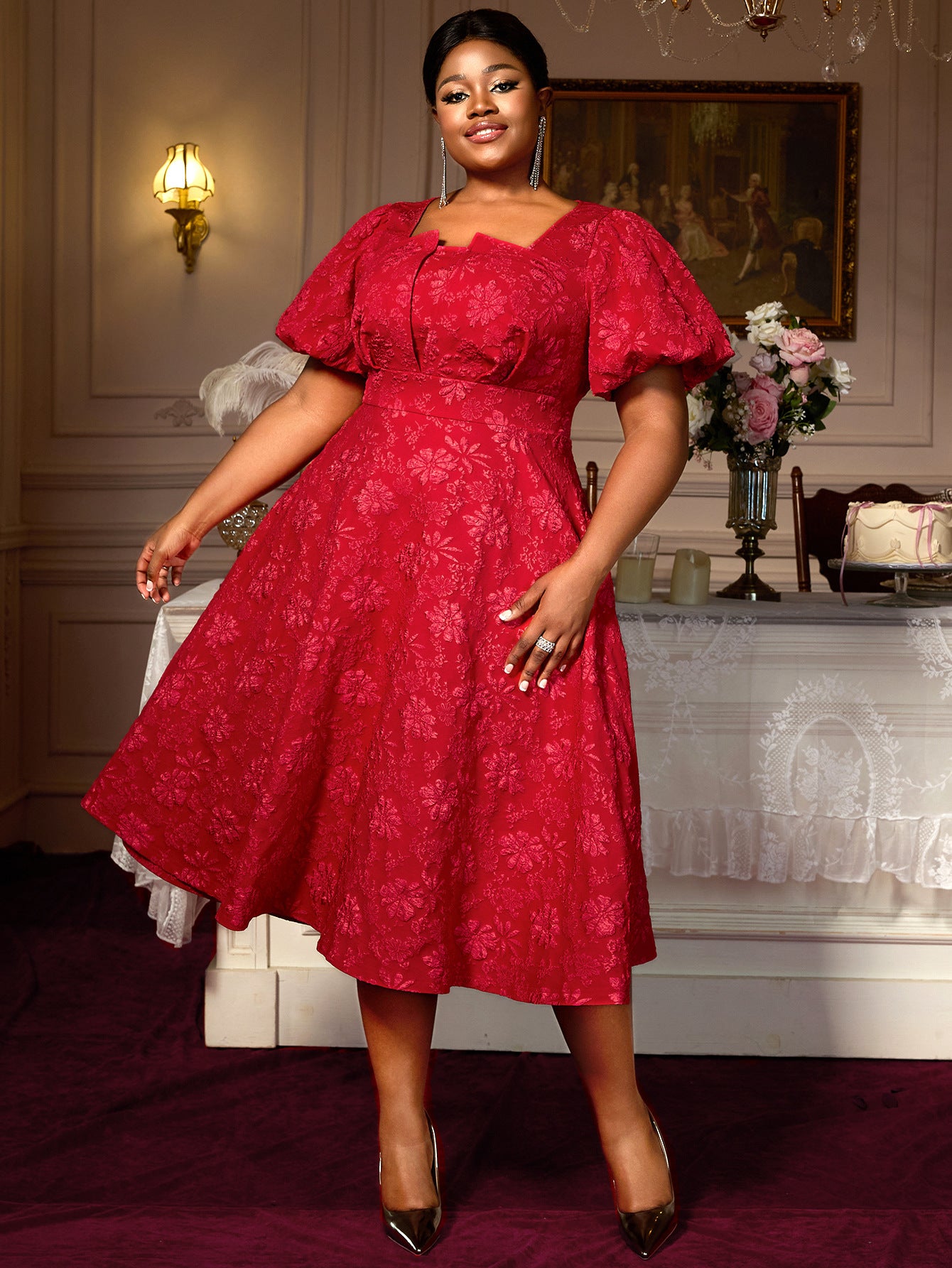 Plus Size Women party Formal Party square neck puff sleeve dress 3