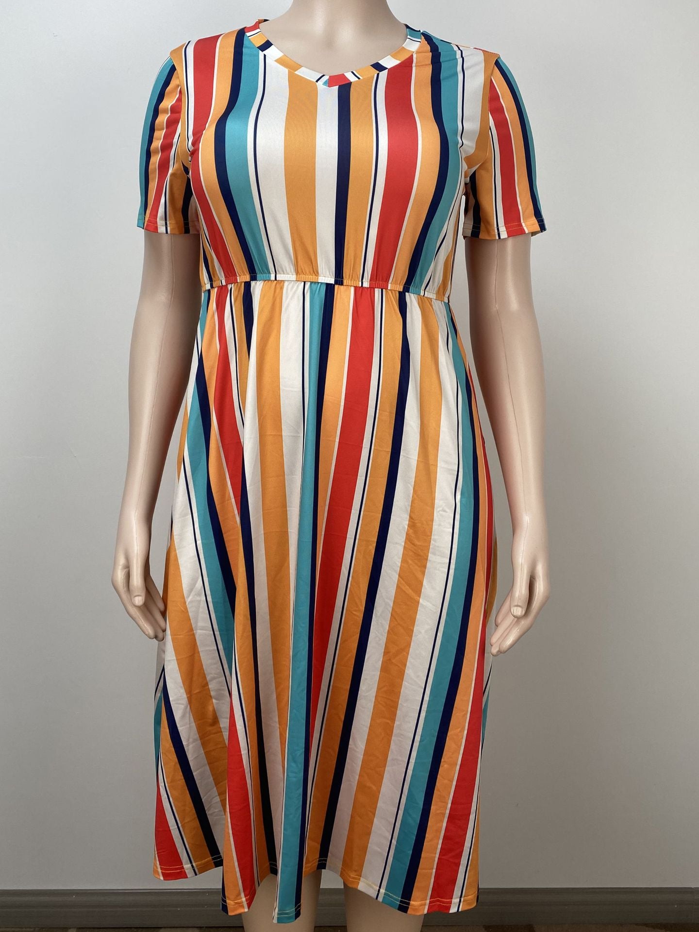 Plus Size Women Summer Multi-Color Striped Dress 4