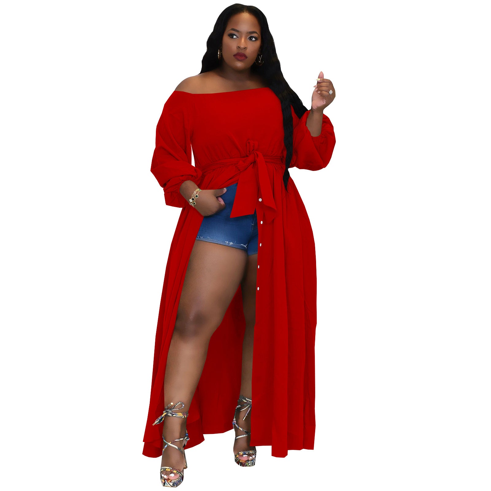 Plus Size Women Long Sleeve Pocket Button Slit Dress 9