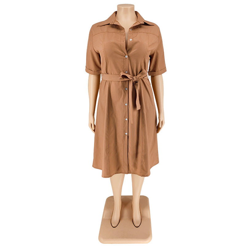 Plus Size Women Fall Solid Short Sleeve Shirt Dress 15