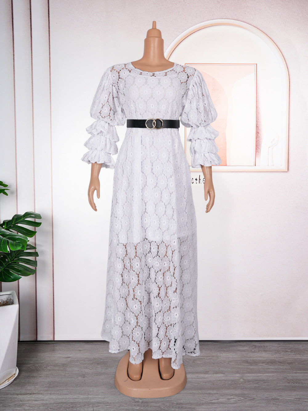 Plus Size Women African Round Neck Lace Dress 5