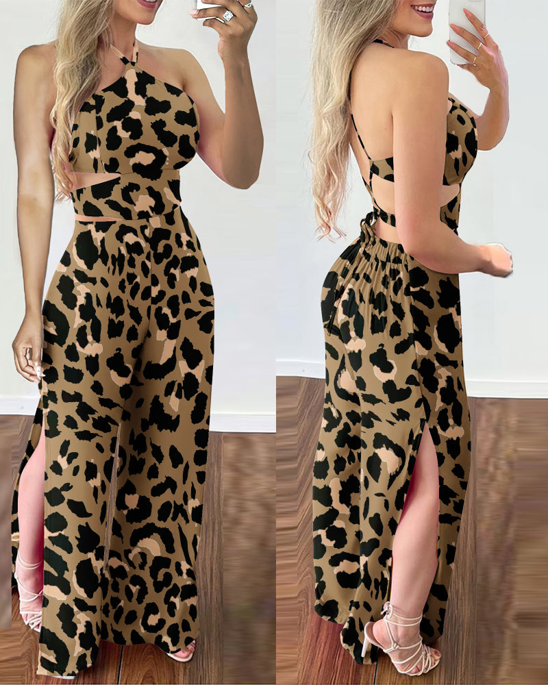 Halter Backless Printed Slit Wide Leg Jumpsuit 5