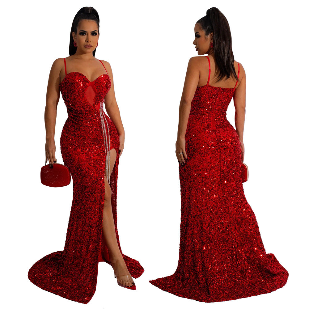 Women'S Sexy Straps Sleeveless Sequined Slit Long Evening Dress 4