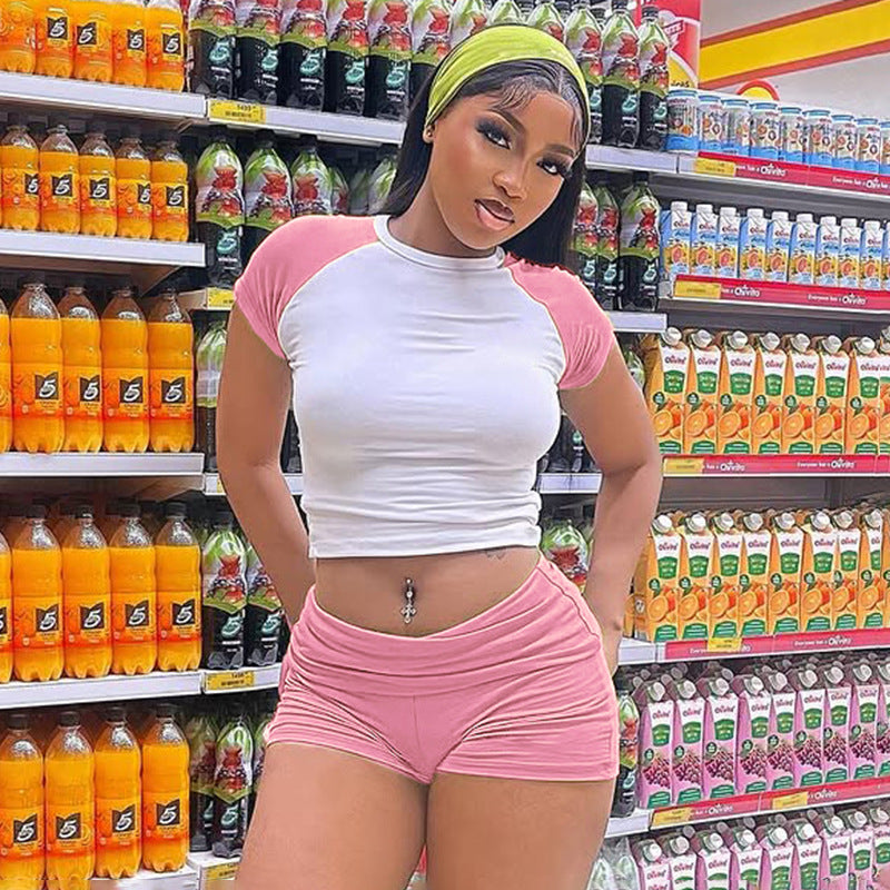 Women Crop short-sleeved T-shirt and shorts sports Casual two-piece suit 3