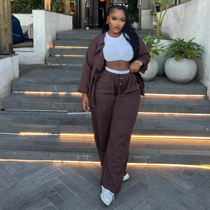Plus Size High Waist Striped Shirt Trousers African Trendy Two Piece Set 6