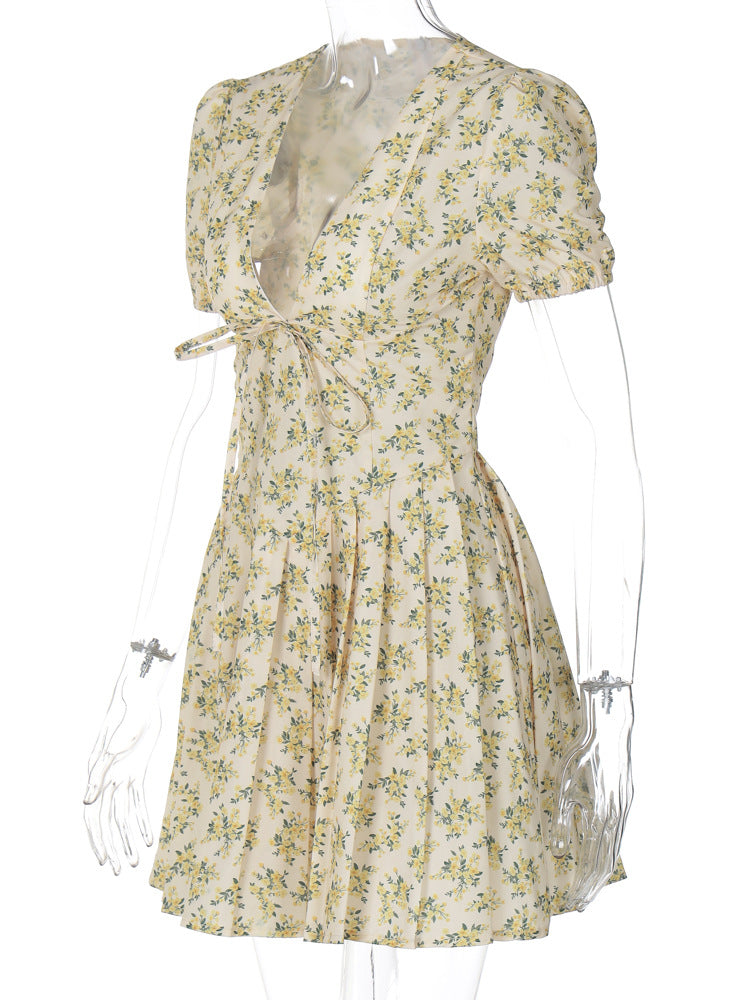 Women French Floral Sexy Chic V-neck Puff Sleeve Pleated Skirt 8