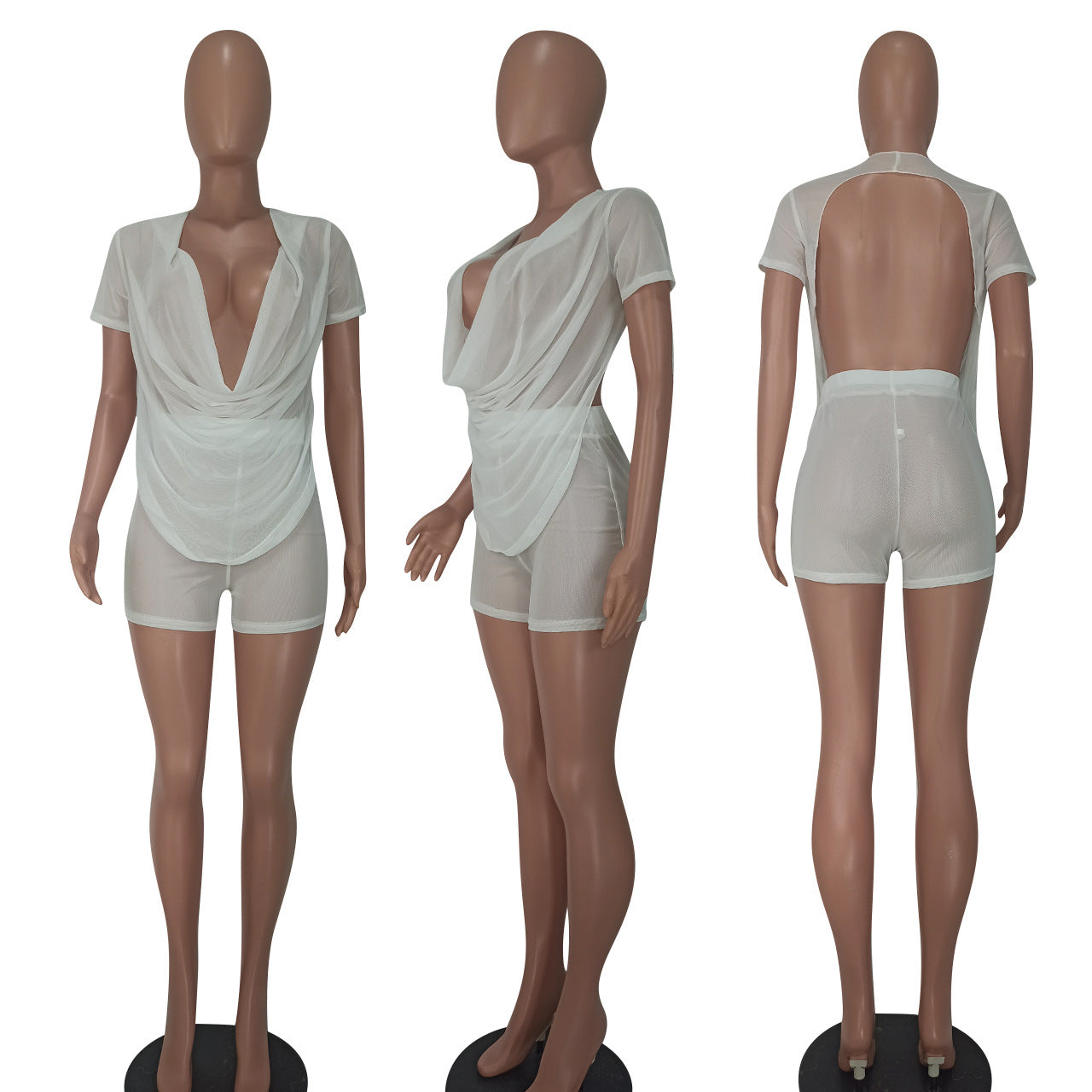 Sexy See-Through Low Back Mesh Two-Piece Shorts Set for Women 8