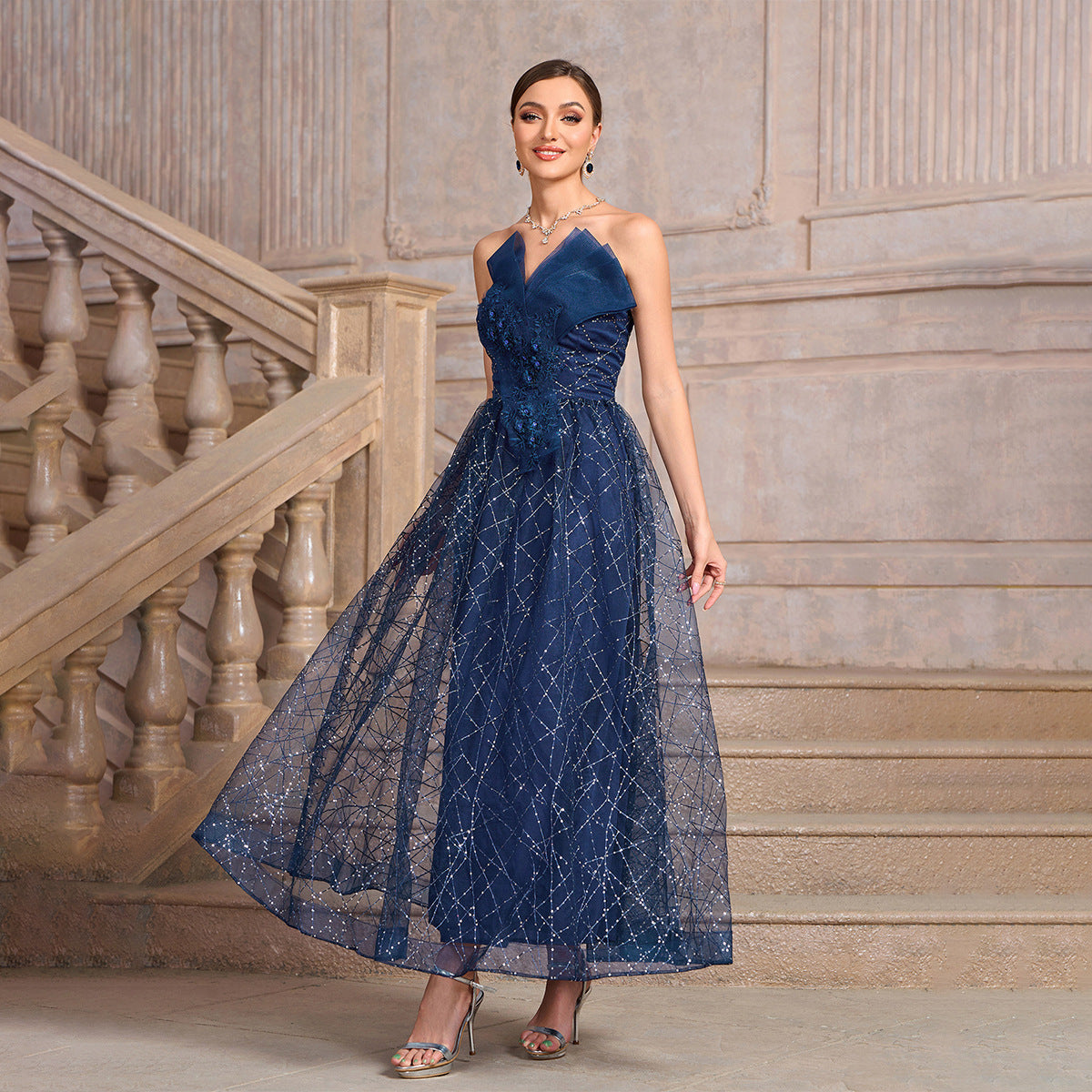 Blue Strapless Mesh Sequins Patchwork Ladies Evening Dress 7