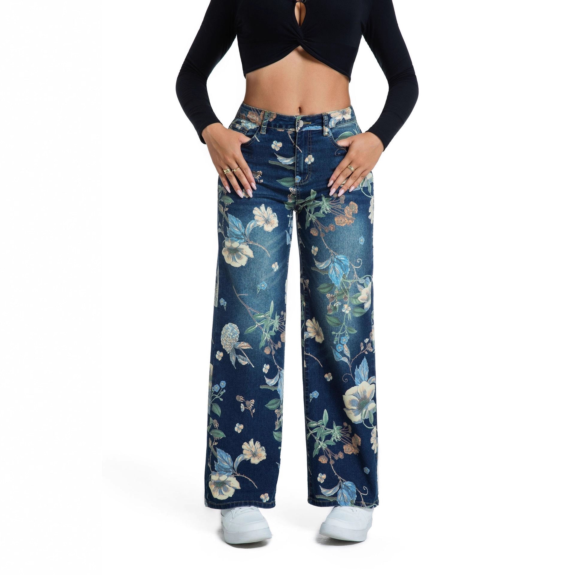 Women printed blue wide-leg denim pants 3