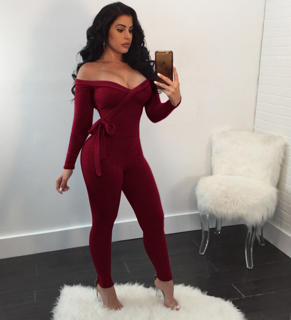 Sexy deep v women's long-sleeved off-the-shoulder Jumpsuit 8
