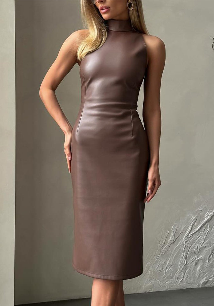 Women Sleeveless Stand Collar Slit Solid pu Leather Dress