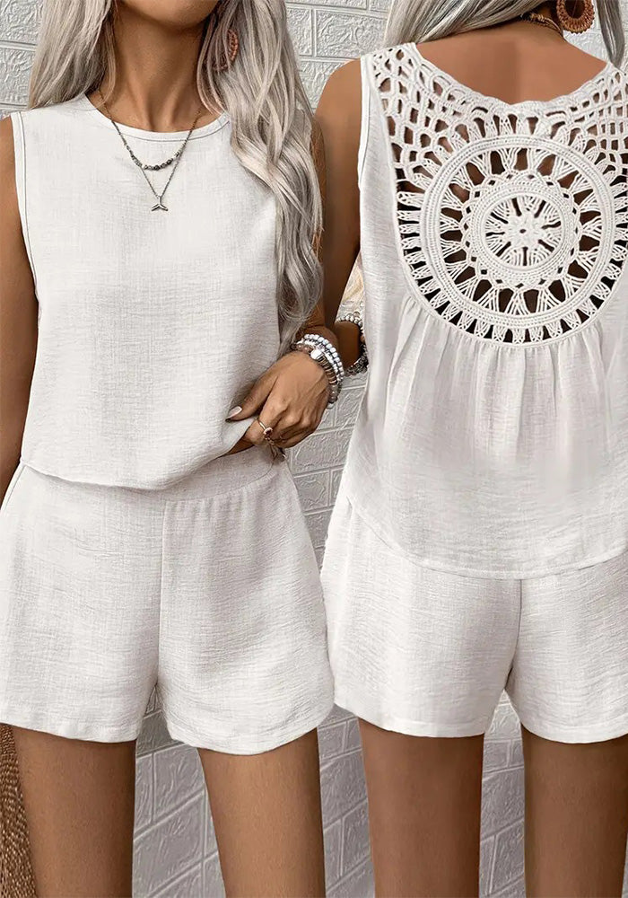 Women Summer Sleeveless Solid Hollow Lace Top and Shorts Two Piece