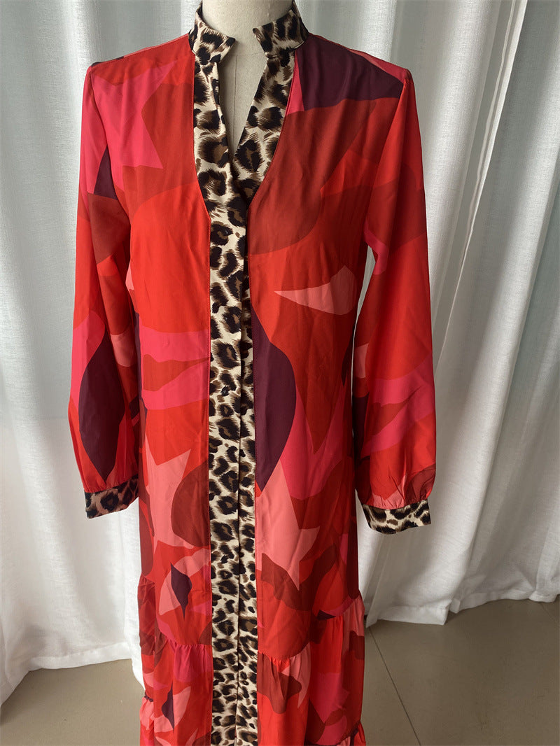 Women Autumn Printed Patchwork Button Casual Dress 10