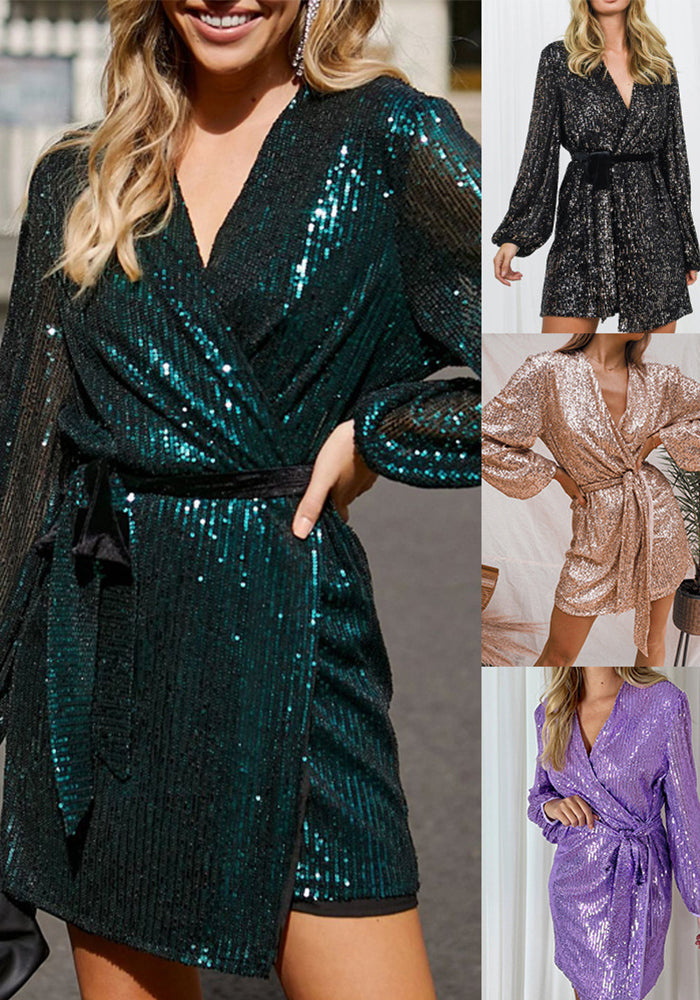 Women sequined V-neck long-sleeved puff sleeve Dress