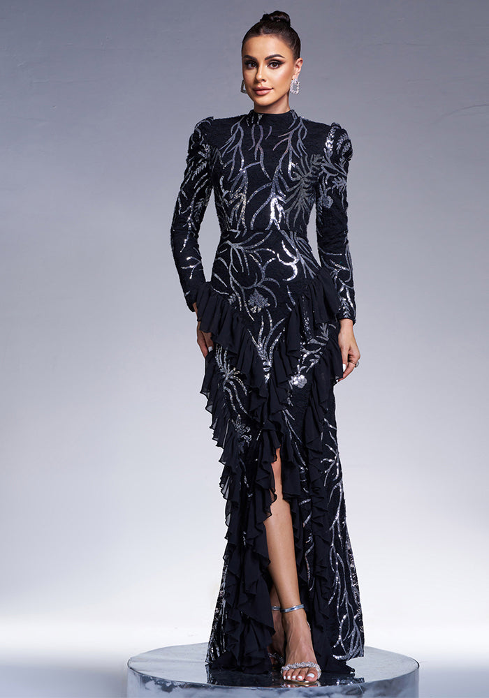 Women long sleeve round neck sexy sequins formal party maxi evening dress