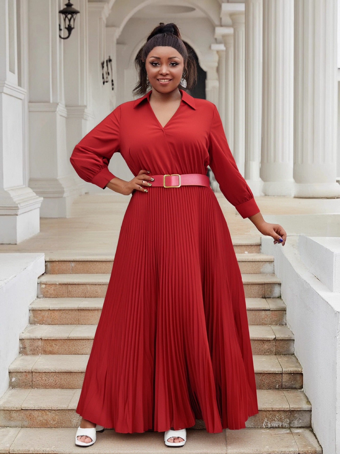 Plus Size Women V-Neck Long Sleeve Solid Pleated Dress with Belt 3
