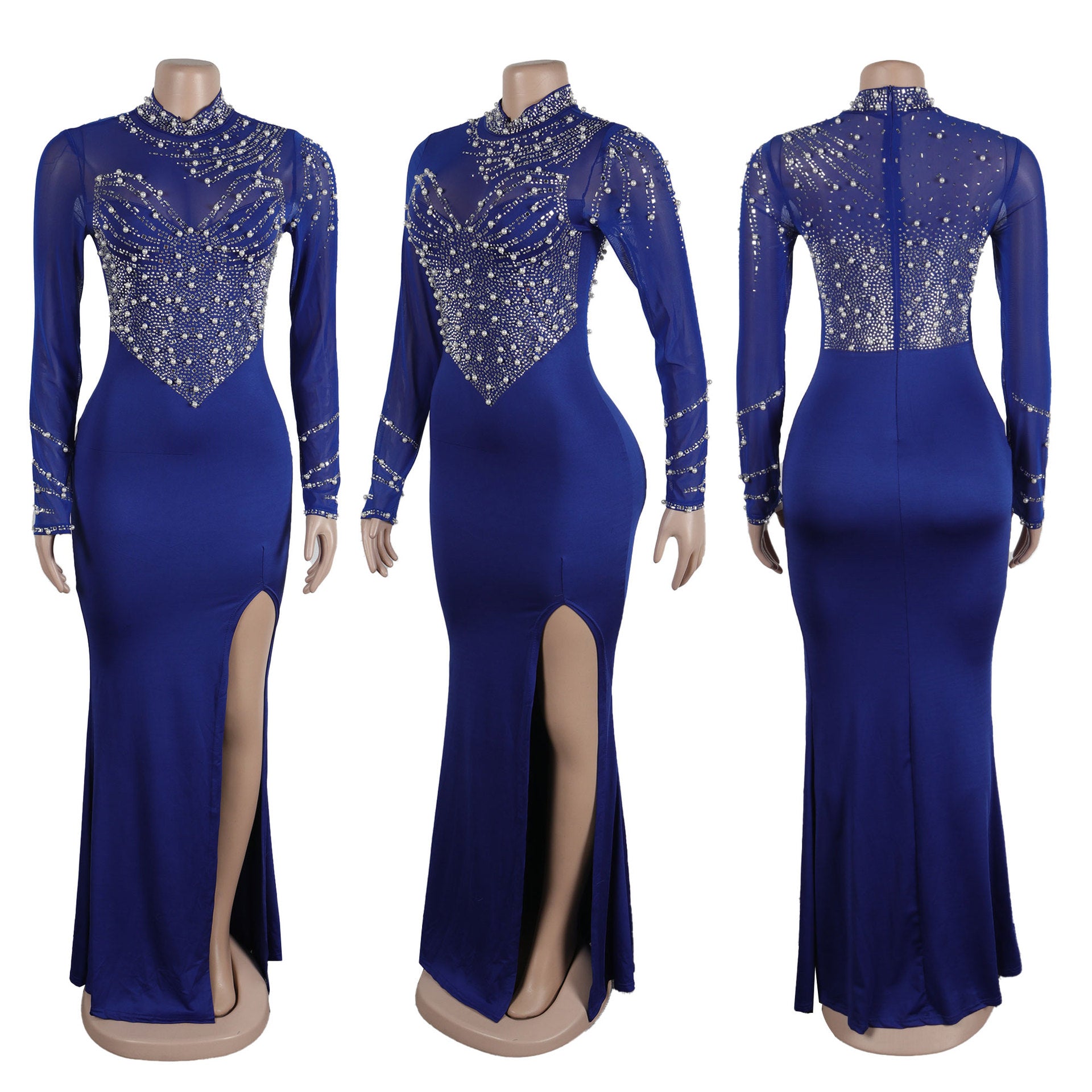 Women Beaded See-Through Bodycon Stretch Slit Dress 19