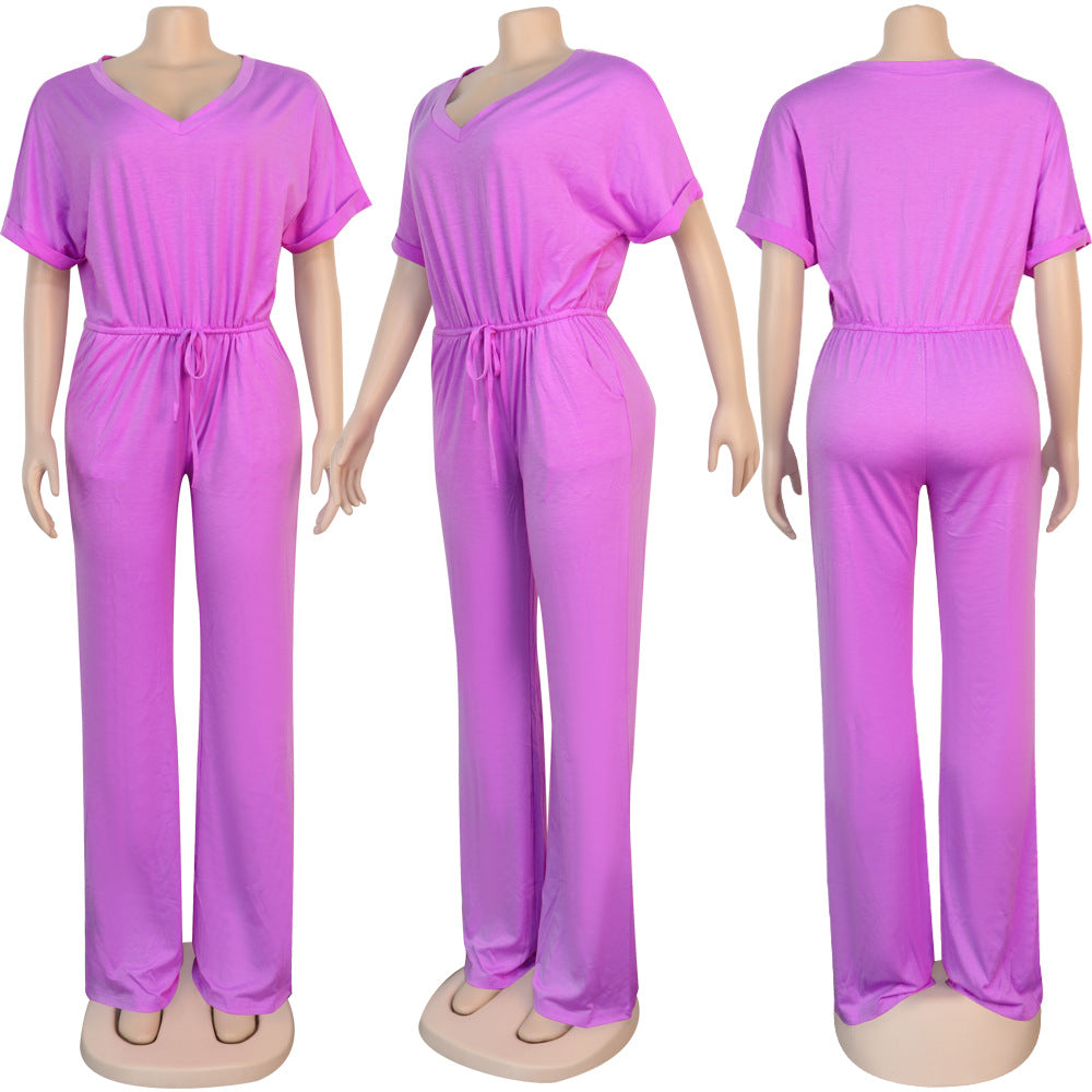 Sexy Women's Loose Casual Solid Color V-Neck Women's Jumpsuit 18