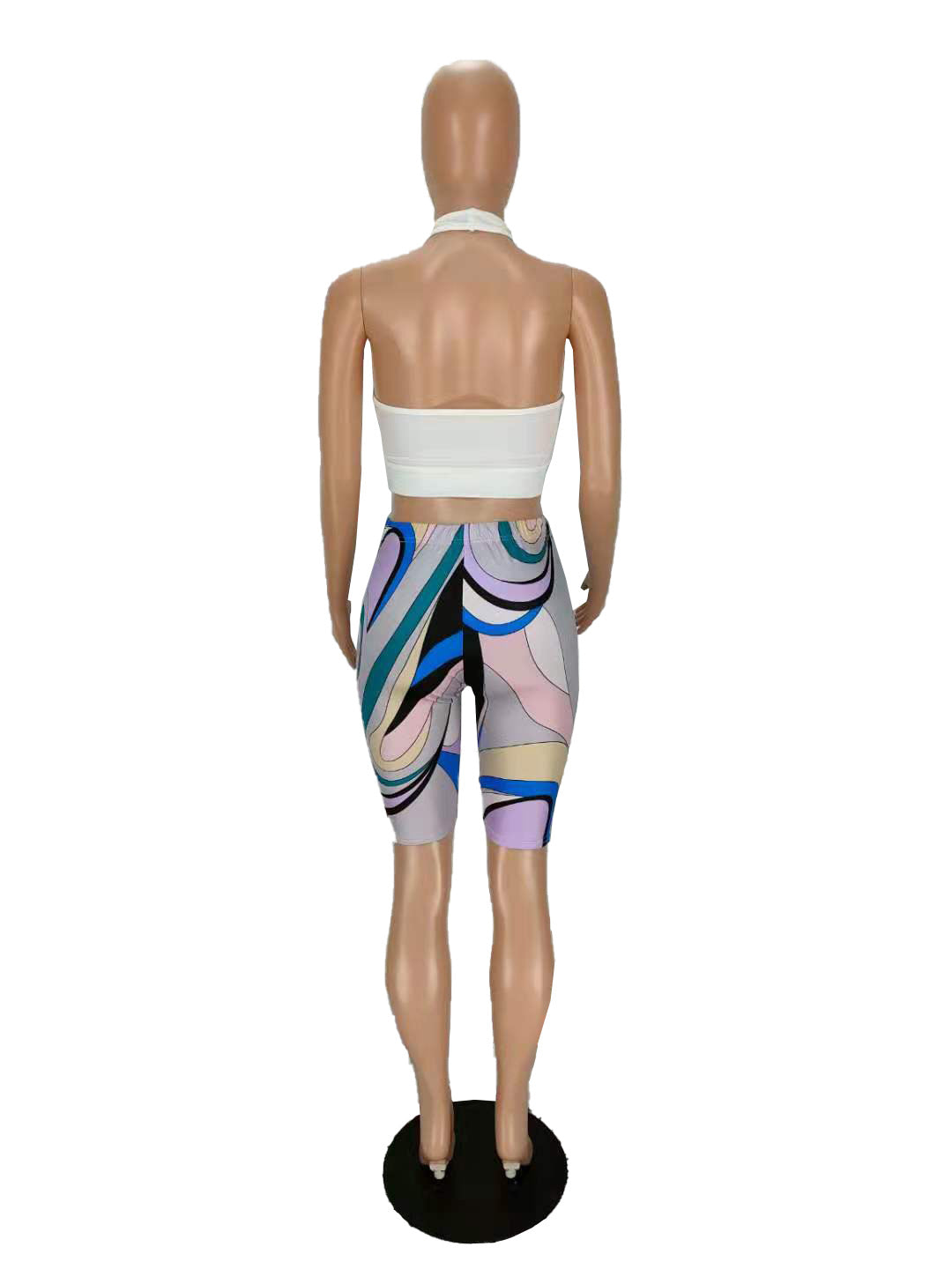 Women's Halter Neck Cross Hollow Low Back Tank Top Printed Shorts Two-Piece Set 10